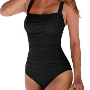 Women's Vintage Black One Piece Swimsuit, Size 12, Plus Size, Tummy Control with